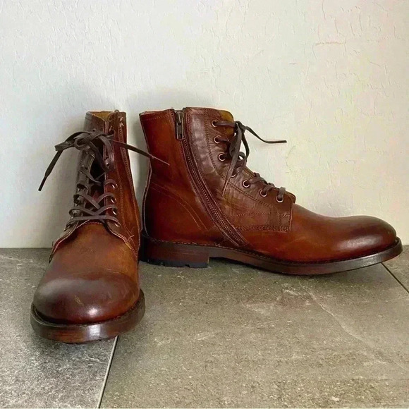 NEW FRYE Bowery Lace Up Side Zip Brown Cognac Leather Boot Men’s Size 10D - Picture 2 of 10